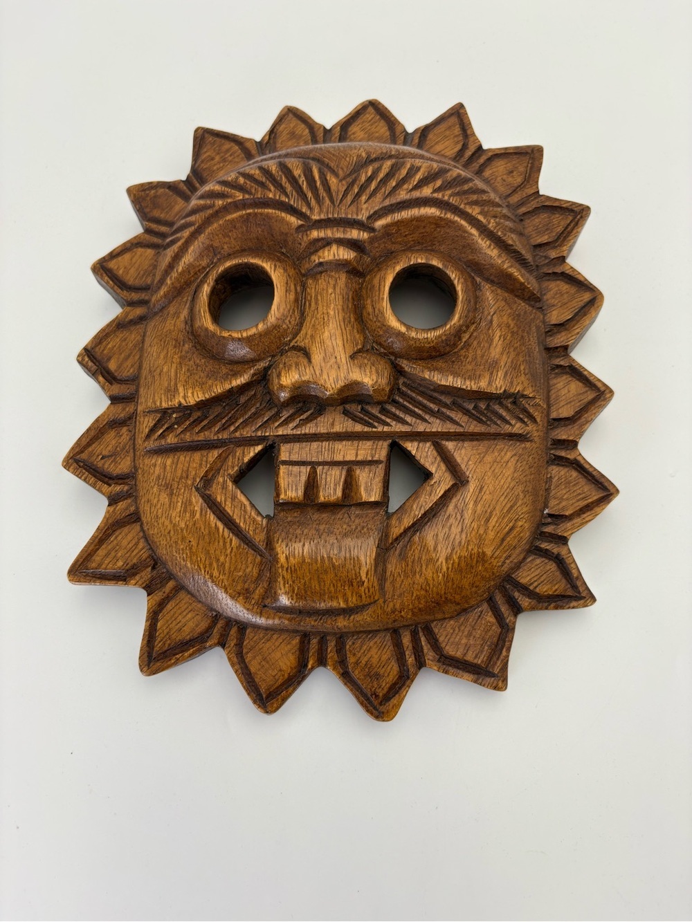 Vintage Hand-Carved Sun Face Wall Mask in Warm Brown